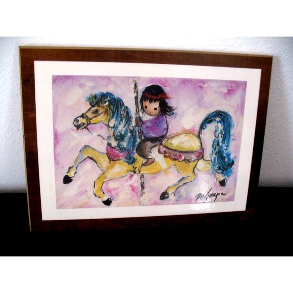 Vintage Ted Degrazia "Merry Little Indian" 8.5" x 11" Print On Wooden Board Art - Picture 4 of 4